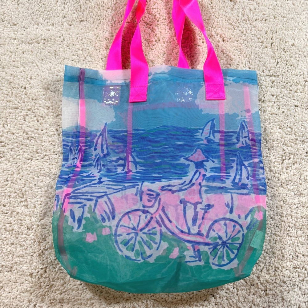 Lilly Pulitzer Mesh Beach Tote Bag Blue Pink Let's Go Somewhere Bicycle Preppy - Picture 3 of 8